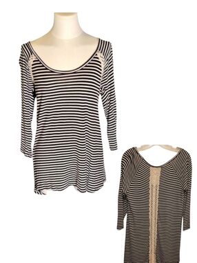 Lace Back Vanity Vintage Black Cream Striped Long Sleeve Tee Lace Size Medium